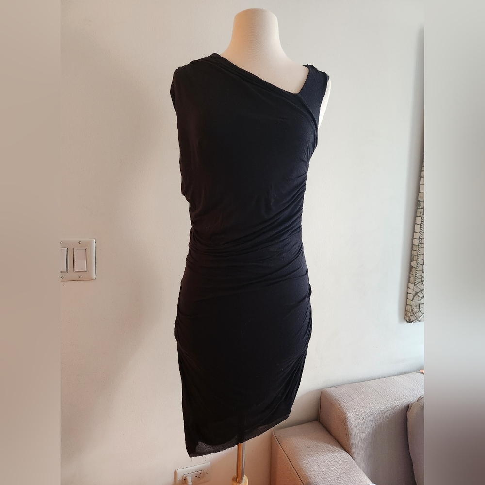 Helmut Lang Black Asymmetrical Ruched Sheath Dress